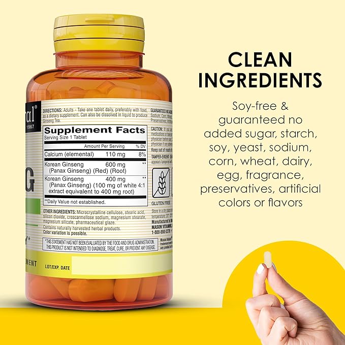 MASON NATURAL Korean Ginseng 1,000 mg, Supports Energy, Endurance & Vitality, 60 Tablets