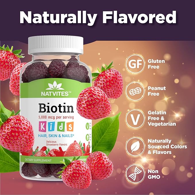 Kids Biotin Gummies for Hair Growth Support - Biotin 5000mcg Kids Hair Skin & Nails Gummies for Boys and Girls - Vegetarian Gluten Free Vitamin B7 - Hair Nails & Skin Vitamins (60 Count)
