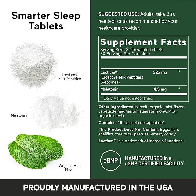 Smarter Nutrition Smarter Sleep Melatonin Dissolvable Tablets 4.5mg + Natural Clinically Proven Lactium® for Sleep & Stress Support - Mint Flavor Melatonin Tablets - Non-GMO-180 Count[90-Day Supply]