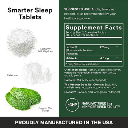 Smarter Nutrition Smarter Sleep Melatonin Dissolvable Tablets 4.5mg + Natural Clinically Proven Lactium® for Sleep & Stress Support - Mint Flavor Melatonin Tablets - Non-GMO-180 Count[90-Day Supply]