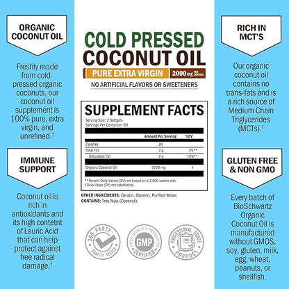 Coconut Oil Capsules 2000mg - Organic Pure Extra Virgin Unrefined Cold Pressed MCT Rich & Non-GMO for Healthy Skin Nails Hair Growth Support Bloating Anti Aging Digestion - 120ct (2 Month Supply)
