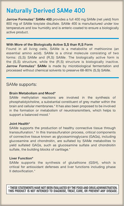 Jarrow Formulas SAMe 400 mg, Supports Joint Health, Liver Function, Brain Metabolism, 60 Tablets, Up To a 60 Day Supply