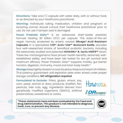 Pure TheraPro Rx Power Probiotic Daily - 30 Acid-Resistant Capsules | 4 Proven Strains - 30 Billion CFU/Capsule | Patented Activ-Vial Desiccant Bottle to Ensure Freshness | NO Refrigeration Required