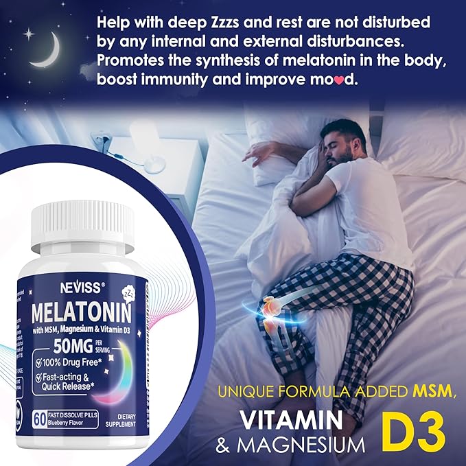 Melatonin 50 mg for Adults - Extra Strength 9-IN-1 Fast Dissolve Sublingual - w/ Vitamin D3 & MSM, Relaxing Herbal Blend-Ashwagandha, Lemon Balm, Passionflower,Chamomile,Sugar Free, Vegan 60 Servings