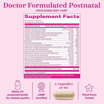 Pink Stork Total Postnatal Vitamins for Women with Vegan DHA, Iron, Folate, and Vitamin B12, Postpartum Recovery Essentials, Daily Supplement for Breastfeeding Moms - 3 Month Supply