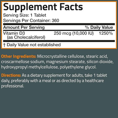 Bronson Vitamin D3 10,000iu (250mcg) 1 Year Supply for Healthy Muscle Function and Immune Support, Non-GMO, 360 Tablets