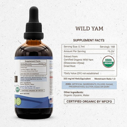 Secrets of the Tribe Wild Yam Alcohol-Free USDA Organic Tincture (Glycerite) Responsibly farmed Wild Yam (Dioscorea Villosa) Dried Root (4 Fl Oz) Hormone Support Supplement