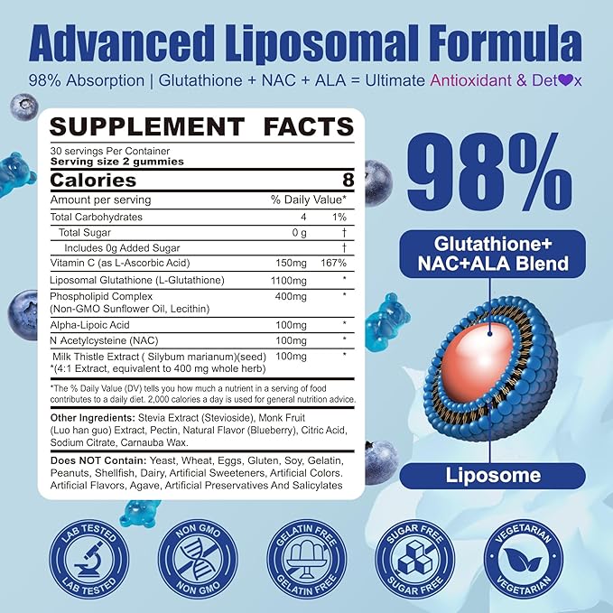 Liposomal Glutathione Gummies 1100mg Supplement(Made in USA), L-Glutathione Reduced with Vitamin C, Phospholipids, ALA, NAC & Milk Thistle, Antioxidant for Anti-Aging, Immune & Cleansing, Vegan, 60 ct