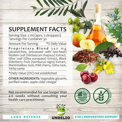 8 in 1 LUNG DEFENSE Herbal Extract, Blend (Mullein-Marshmallow-OSHA-Wild Cherry-Elderberry-Yerba Santa-Olive Leaf-ACV) Lung Cleanse, Respiratory & Immune system Support. Liquid supplement 2 OZ