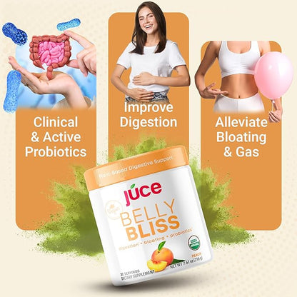 Júce Belly Bliss, Peachy Greens, 30 servings, Probiotics + Greens, Bloating Support with Plant-Based Digestive Enzymes, Dietary Supplement Powder - By Terra Kai Organics