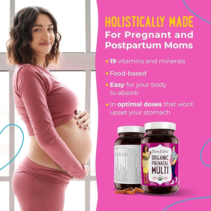 Mama Natural Organic Prenatal Vitamins for Women Vegan (30 Servings) | One A Day Prenatal Vitamins for Pregnant Women | Food Based, Non-GMO & Gluten-Free - Pre Natal Multivitamin with Folate