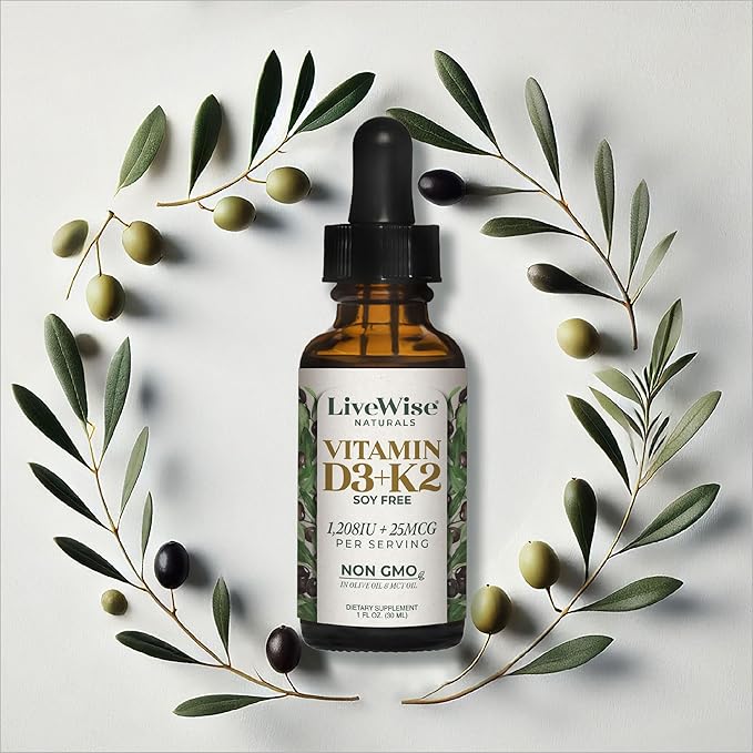 Vitamin D3 with K2 Liquid Drops, All Natural, Non-GMO, 1208iu D3 and 25mcg K2 (mk7) per Serving, Support Your Bones, Immune System and Energy Levels, with or Without Peppermint Oil