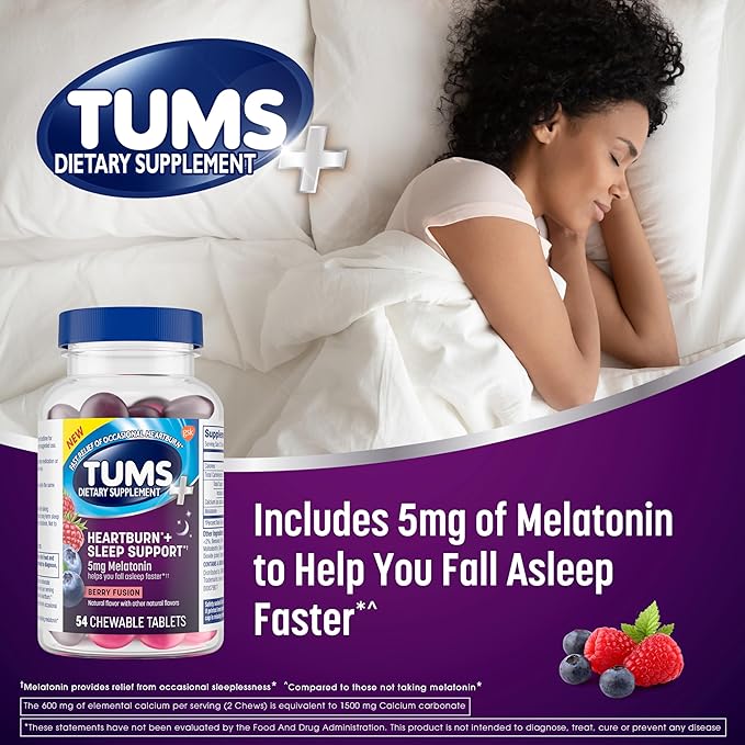 TUMS Heartburn Plus Sleep Support Chewable Dietary Supplement Tablets for Occasional Heartburn Relief Plus Sleep Support, Berry Fusion - 54 Count