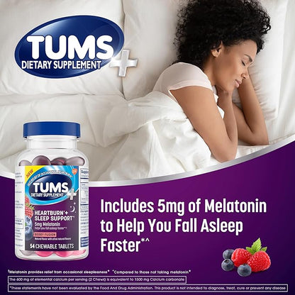TUMS Heartburn Plus Sleep Support Chewable Dietary Supplement Tablets for Occasional Heartburn Relief Plus Sleep Support, Berry Fusion - 54 Count