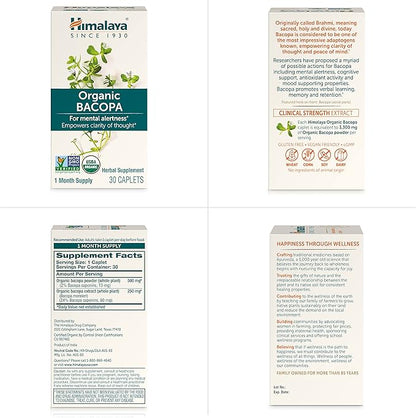 Himalaya Organic Bacopa Monnieri Nootropic Herbal Supplement, Mental Alertness, Supports Calm, Memory, Cognition, USDA Organic, Non-GMO, 750 mg, 60 Plant-Based Caplets, 2 Pack, 120 Day Supply