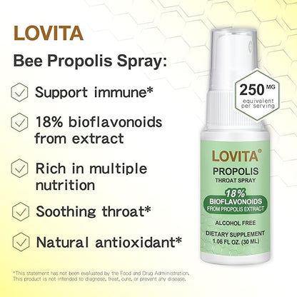 Lovita Propolis Throat Spray, 18% Bioflavonoids, Sore Throat Relief, Alcohol-Free, Gentle and Tasty, 1 Fl Oz (Pack of 3)