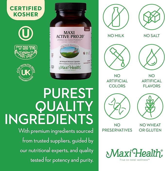 Maxi Health Probiotics for Digestive Health and Gut – 15 Strains, 20 Billion CFU Active Organisms - Probiotics for Men and Women – Daily Probiotic for Digestive Support, 60 Capsules