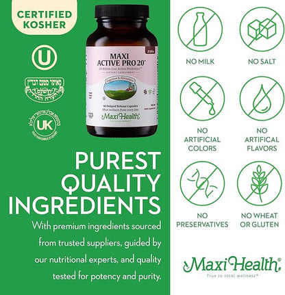 Maxi Health Probiotics for Digestive Health and Gut – 15 Strains, 20 Billion CFU Active Organisms - Probiotics for Men and Women – Daily Probiotic for Digestive Support, 60 Capsules
