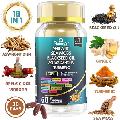Nature's Vibe 18 in 1 Sea Moss 7000 mg,Shilajit 400 mg,Black Seed Oil 4000 mg,Ashwagandha 2000 mg, Turmeric,Bladderwrack,Burdock 2000 mg Each,Vitamin C & D3,Elderberry,Multimineral Blend -60 Caps