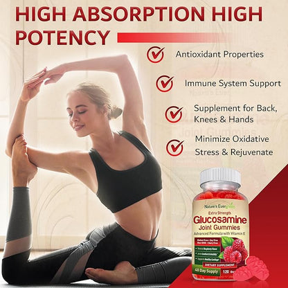 Extra Strength Glucosamine Joint Support Gummy Supplement | Natural Joint Health Support & Flexibility for Back, Knees, & Hands | Vitamin E for Immune Support for Women & Men | 120 Gummies