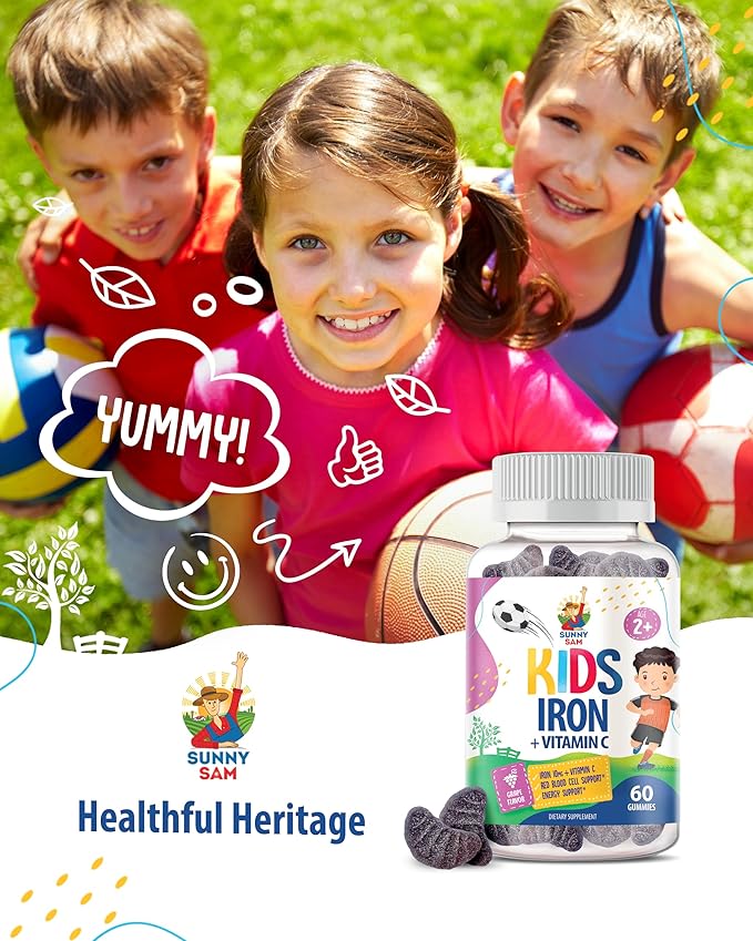 SUNNY SAM Iron Gummies for Kids & Teens - 10mg Vitamins with Vitamin C - Low-Sugar Chewable Iron Gummy Supplement for Immune Support, Supports Red Blood Cell Production for Children & Teen Girls