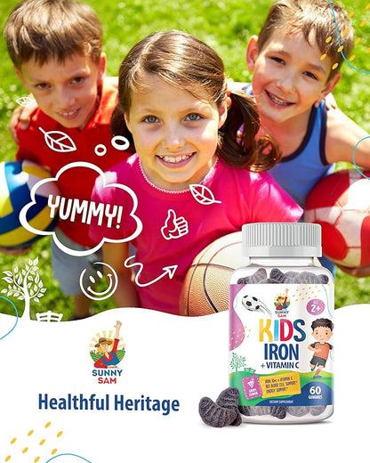 SUNNY SAM Iron Gummies for Kids & Teens - 10mg Vitamins with Vitamin C - Low-Sugar Chewable Iron Gummy Supplement for Immune Support, Supports Red Blood Cell Production for Children & Teen Girls