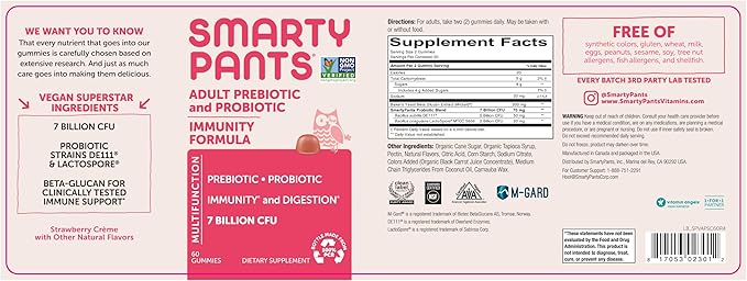 SmartyPants Adult Probiotic & Prebiotic Gummies for Digestive Health: 6 Billion CFU Gut Health Supplement, Clinically Studied Prebiotic for Immune Support, Strawberry, 60 Count (30 Day Supply)