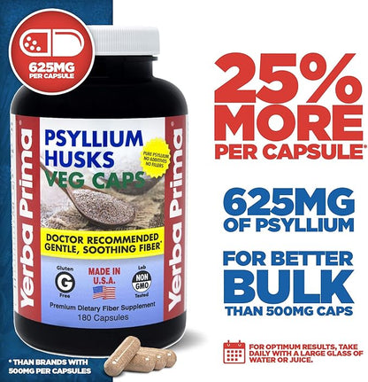 Yerba Prima Psyllium Husks Veg Caps - 180 Count (Pack of 3) - Vegan, Non-GMO, Gluten Free, Colon Cleanser, Daily Fiber Supplement for Gut Health & Regularity