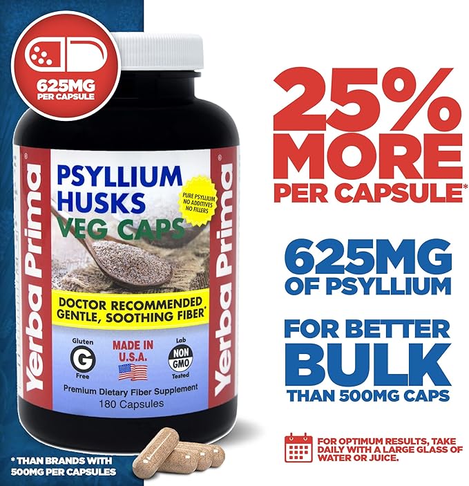 Yerba Prima Psyllium Husks Veg Caps - 180 Count (2 Pack) (625mg) - Vegan, Non-GMO, Gluten Free, Colon Cleanser, Daily Fiber Supplement for Gut Health & Regularity