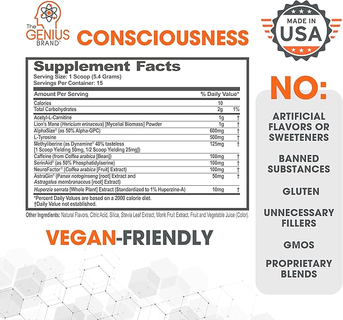 Genius Consciousness - Premium Nootropic Powder for Focus, Memory & Mental Clarity - AlphaSize, NeuroFactor, Lion’s Mane & Dynamine - Natural Brain Booster for Studying, Work & Creativity – Snow Cone