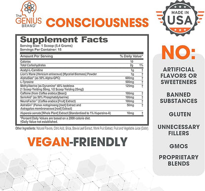 Genius Consciousness - Premium Nootropic Powder for Focus, Memory & Mental Clarity - AlphaSize, NeuroFactor, Lion’s Mane & Dynamine - Natural Brain Booster for Studying, Work & Creativity – Snow Cone