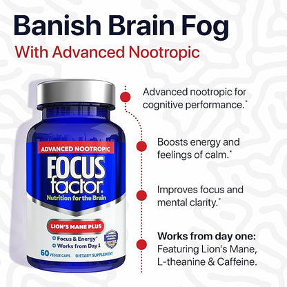 Focus Factor Lions Mane Plus, Advanced Nootropic with L-Theanine, Caffeine, Focus and Energy (60 Count)