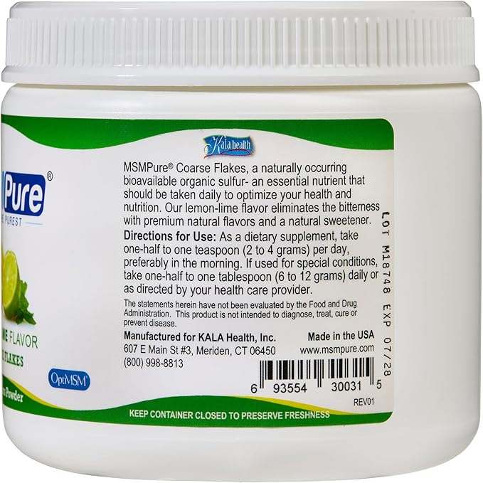 KALA HEALTH MSMPure Lemon Lime Flavored Coarse MSM Powder Flakes – Organic Sulfur for Joint Flexibility, Skin Appearance, and Hair & Nail Support – 8.8 oz, USA Made, Distilled Crystals