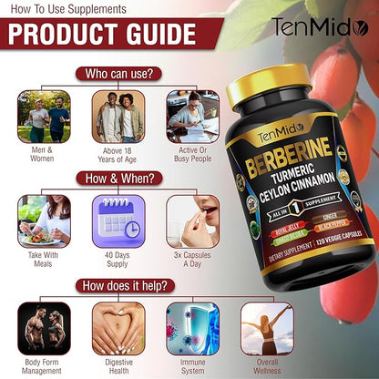 Berberine Supplement - 7in1 Formula - Combine with Turmeric, Royal Jelly, Ceylon Cinnamon, Ginkgo Biloba, Ginger & Black Pepper - Digestive Health, Immune Support - 120 Capsules