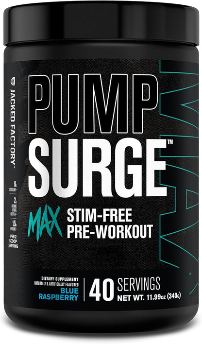 Jacked Factory Pumpsurge Max Stim Free Pre Workout - High-Performance Caffeine Free Pre Workout with L-Citrulline, N03-T Arginine Nitrate & Glutathione - 40 Servings, Blue Raspberry