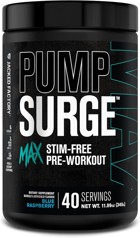 Jacked Factory Pumpsurge Max Stim Free Pre Workout - High-Performance Caffeine Free Pre Workout with L-Citrulline, N03-T Arginine Nitrate & Glutathione - 40 Servings, Blue Raspberry