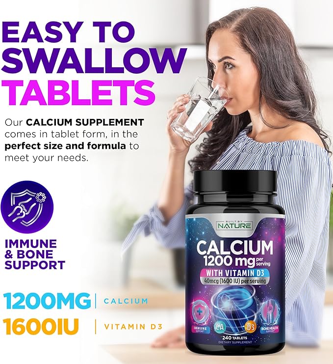 Calcium 1200mg with Vitamin D3 for Best Absorption - Advanced Bone Support Supplement, 1200 mg Calcium Carbonate & 1600 IU Vitamin D3, Slow Release for Immune Support, Easy to Swallow, 240 Tablets
