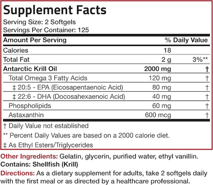 Bronson Antarctic Krill Oil 2000 mg with Omega-3s EPA, DHA, Astaxanthin and Phospholipids, 250 Softgels (125 Servings)