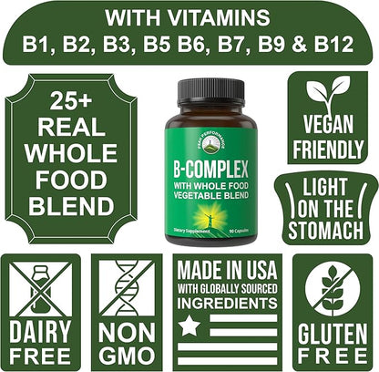 Vitamin B Complex Capsules + Whole Food Blend of 25 Vegetables and Fruits for Max Absorption. Best Vegan B-Complex Supplement with Vitamin B1, B2, B3, B5, B6, B7, B9 and B12. 90 Capsules. Energy Boost