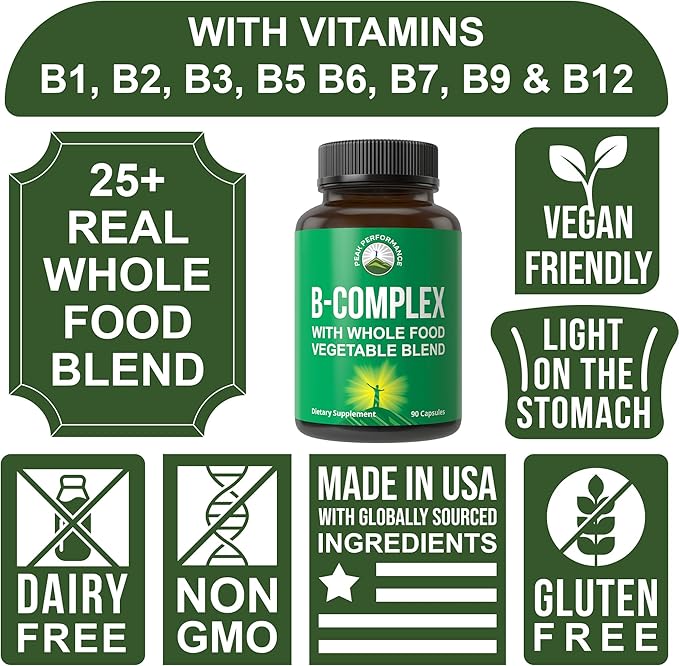 Vitamin B Complex Capsules + Whole Food Blend of 25 Vegetables and Fruits for Max Absorption. Best Vegan B-Complex Supplement with Vitamin B1, B2, B3, B5, B6, B7, B9 and B12. 90 Capsules. Energy Boost