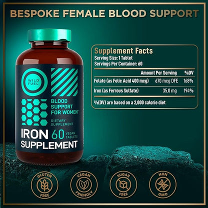 Iron Supplement for Women with Folic Acid - 35 mg Blood Builder Ferrous Sulfate, Folic Acid 400 mcg - Iron Pills for Women with Anemia & Pregnancy Support - 60 Gluten-Free, Vegan Iron Vitamin Tablets