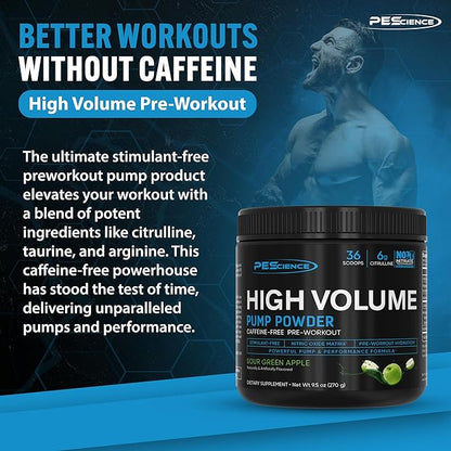 PEScience High Volume Stim-Free Pre Workout, Nitric Oxide Booster with L Citrulline & L Arginine Nitrate, Non-Stim Preworkout for Men and Women, 36 Scoops, Sour Green Apple