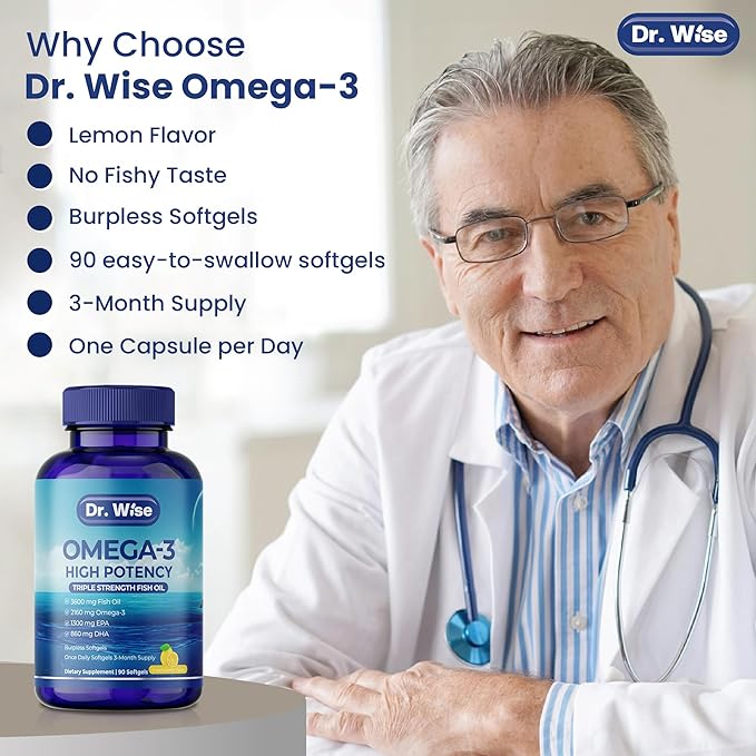 Dr. Wise Omega-3 Fish Oil 3600mg - One Per Day - Triple Strength EPA 1300mg & DHA 860mg - Burpless Lemon Flavor - Heart, Brain & Joint Support - High Potency Supplement - 90 Softgels - Made in USA.