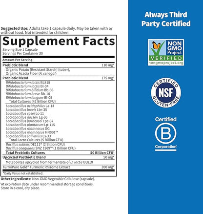 Garden of Life Dr Formulated Sport Probiotics Digestive Supplement, Organic Prebiotics for Women & Men Athletes, Clinically Studied Turmeric Curcumin, 50 Billion CFU, Gut Health, Acidophilus, 30ct
