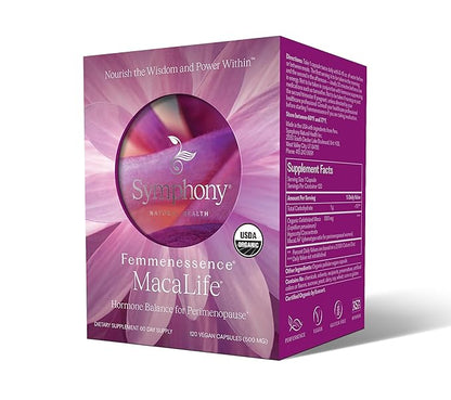 Femmenessence MacaLife – Clinically Proven for Perimenopause, Women’s Natural Hormone Balance Supplements, Relief of Hot Flashes, Mood Swings, Dryness, 120 Organic Maca Root Capsules, 60-Day Supply