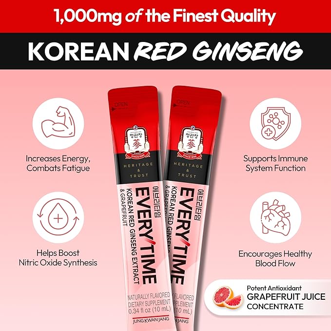 Everytime Korean Red Ginseng Extract 1,000mg & Grapefruit - Vegan Ginseng Root Energy Drink Liquid Stick Supplements - Builds Stamina & Immunity, No Caffeine (30 Sticks, 0.34 fl oz)