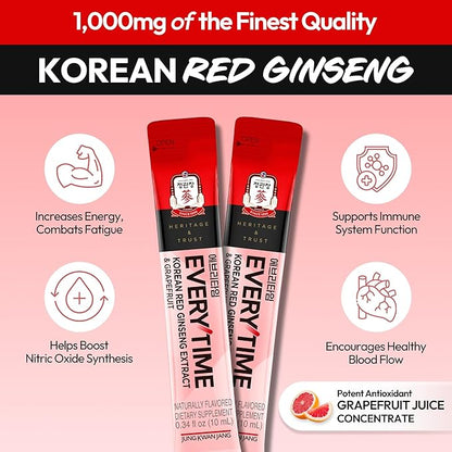 Everytime Korean Red Ginseng Extract 1,000mg & Grapefruit - Vegan Ginseng Root Energy Drink Liquid Stick Supplements - Builds Stamina & Immunity, No Caffeine (30 Sticks, 0.34 fl oz)