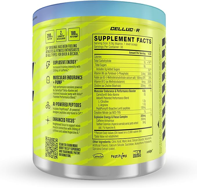 Cellucor C4 Original Pre Workout Powder Sugar Free for Men & Women 200mg Caffeine + CarnoSyn Beta-Alanine + Creatine + AI Peptides - ICY Blue Razz, 30 Servings
