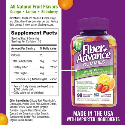 Fiber Advance Gummies | 100% Plant Based Fiber Supplement for Digestive Health | Chicory Root Inulin Prebiotic Gummies for Adults | Gluten Free, Vegetarian, & Non-GMO (Pack of 3)