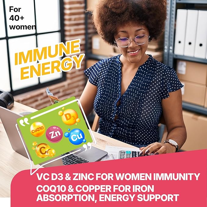 Vitamin C D3 5000IU Zinc Gummies Tailored for Women, Elderberry, Echinacea for Immune, Folate, Hyaluronic Acid, Copper, Vit E for Beauty, CoQ10 for Energy, Overall Health, Sugar Free,Chewable, Natural